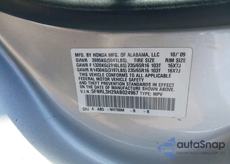 2010 Honda Odyssey Lx from USA, damaged, VIN 5FNRL3H29AB024967